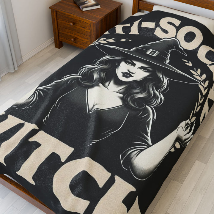 Anti-Social Witch Velveteen Plush Blanket | Cozy Throw Blanket for Halloween, Gift for Witches, Home Decor, Soft Wrap