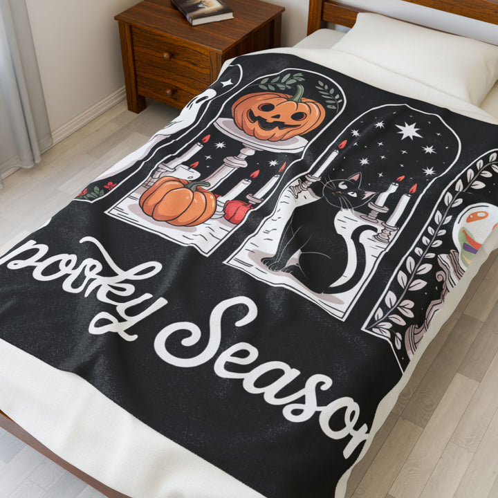 Spooky Season Velveteen Plush Blanket, Cozy Halloween Throw, Soft Plush Blanket, Seasonal Decor, Black Cat Blanket, Ghosts and Pumpkins