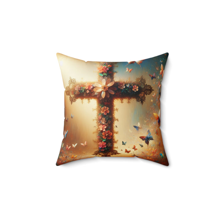 Floral Cross Throw Pillow, Spiritual Home Decor, Christian Gift, Butterfly Pattern Cushion, Nature-Inspired Accent
