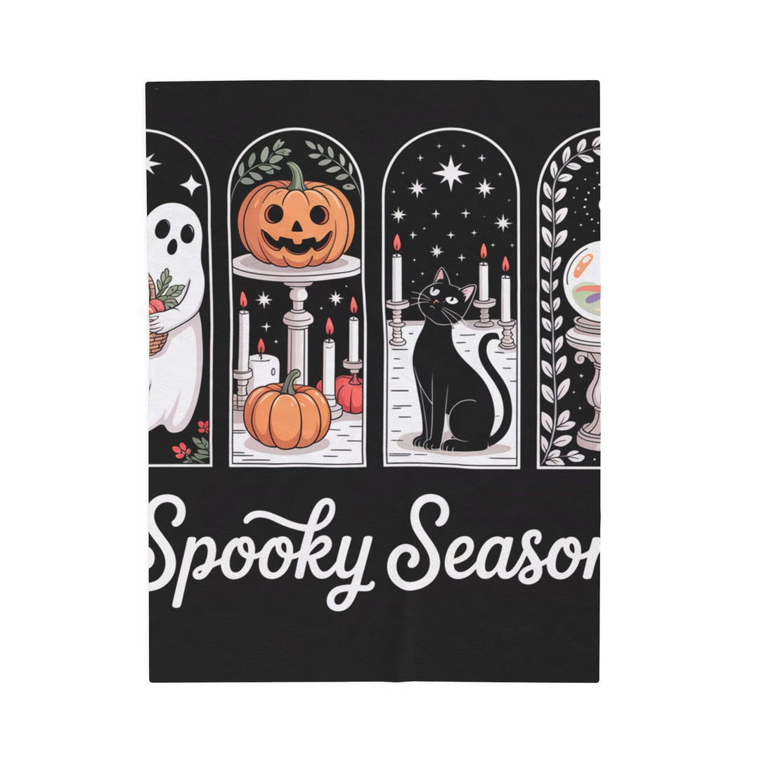Spooky Season Velveteen Plush Blanket, Cozy Halloween Throw, Soft Plush Blanket, Seasonal Decor, Black Cat Blanket, Ghosts and Pumpkins