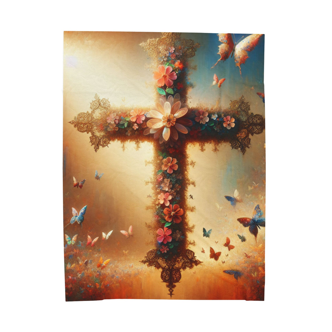 Christian Cross Floral Velveteen Plush Blanket, Cozy Gift for Faith, Home Decor, Baptism, Easter, Religious Comforter