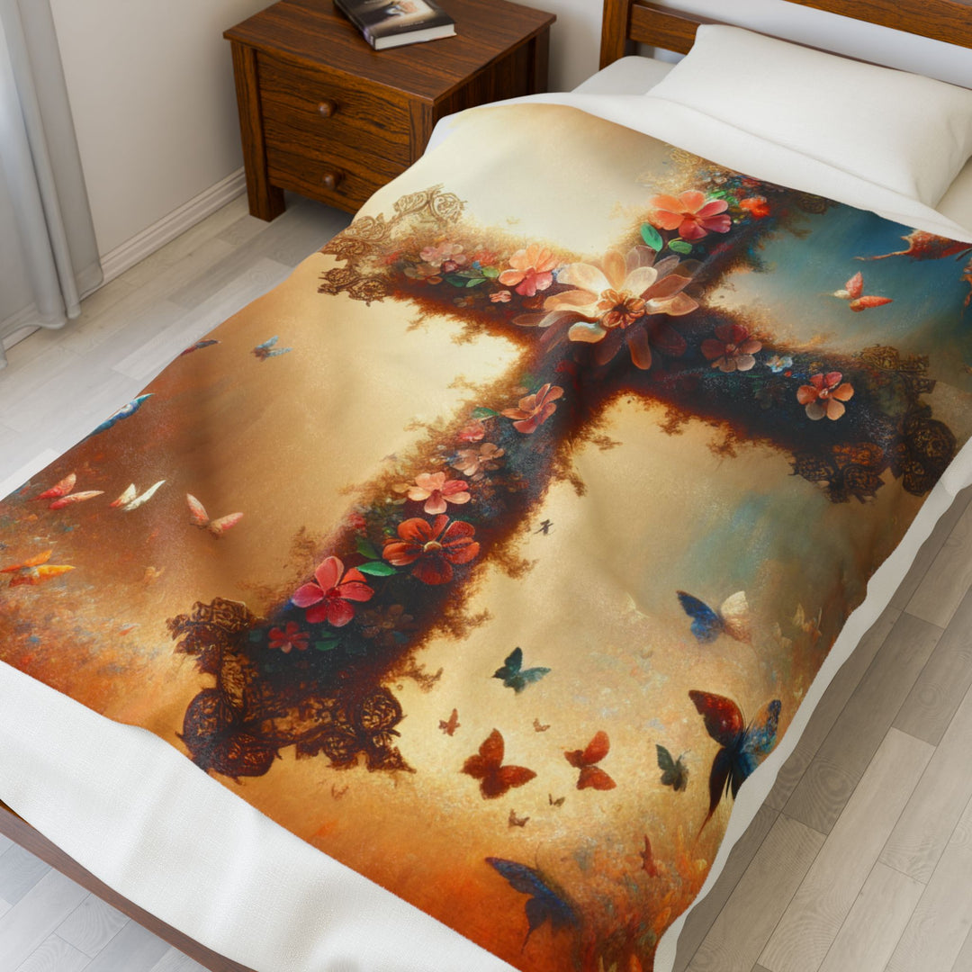 Christian Cross Floral Velveteen Plush Blanket, Cozy Gift for Faith, Home Decor, Baptism, Easter, Religious Comforter