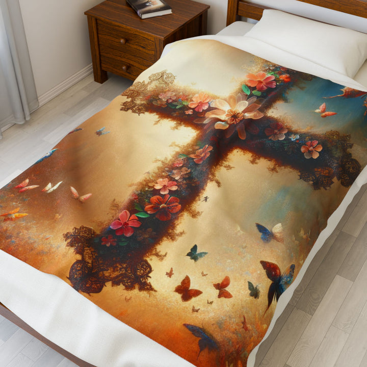 Christian Cross Floral Velveteen Plush Blanket, Cozy Gift for Faith, Home Decor, Baptism, Easter, Religious Comforter