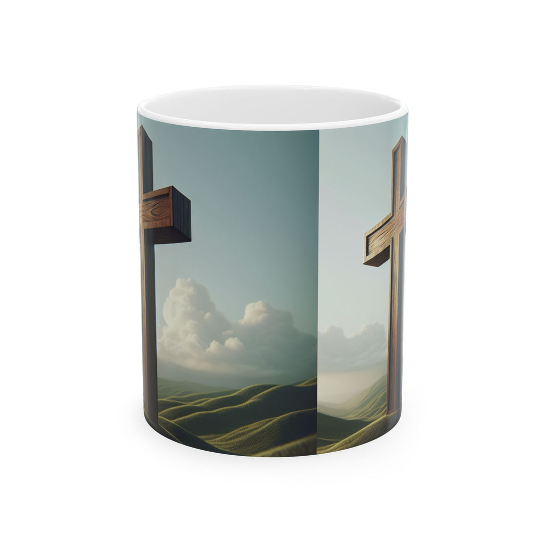 Faith-Inspired Ceramic Mug with Scenic Cross Design, Coffee Cup for Christians, Spiritual Gift, Prayer Mug, Religious Decor