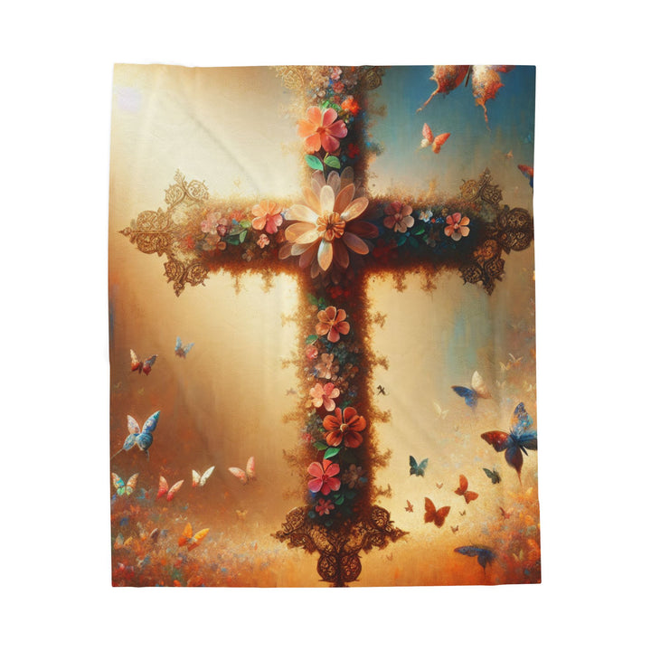 Christian Cross Floral Velveteen Plush Blanket, Cozy Gift for Faith, Home Decor, Baptism, Easter, Religious Comforter