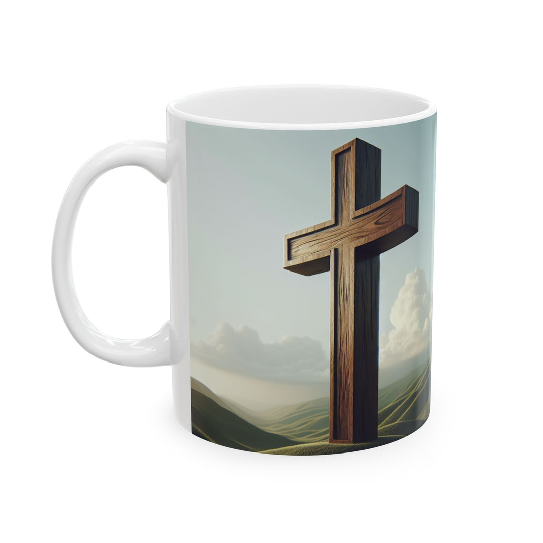 Faith-Inspired Ceramic Mug with Scenic Cross Design, Coffee Cup for Christians, Spiritual Gift, Prayer Mug, Religious Decor