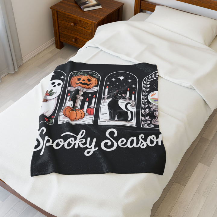Spooky Season Velveteen Plush Blanket, Cozy Halloween Throw, Soft Plush Blanket, Seasonal Decor, Black Cat Blanket, Ghosts and Pumpkins