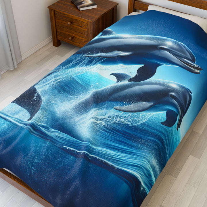 Dolphin Velveteen Plush Blanket - Cozy Ocean Waves Throw for Home Decor & Gifts