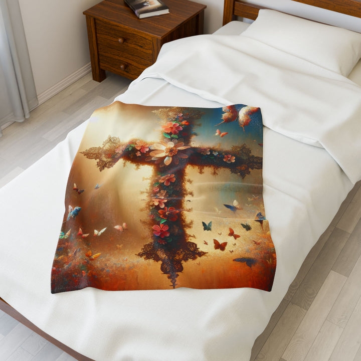 Christian Cross Floral Velveteen Plush Blanket, Cozy Gift for Faith, Home Decor, Baptism, Easter, Religious Comforter