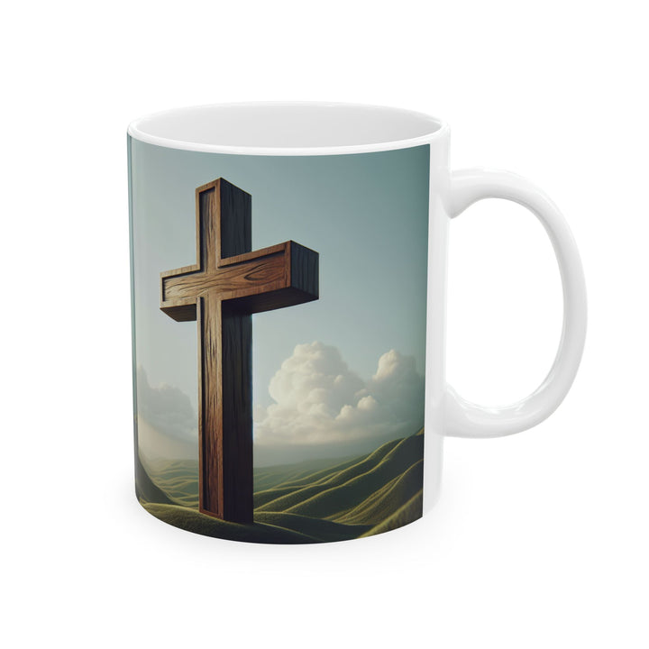 Faith-Inspired Ceramic Mug with Scenic Cross Design, Coffee Cup for Christians, Spiritual Gift, Prayer Mug, Religious Decor