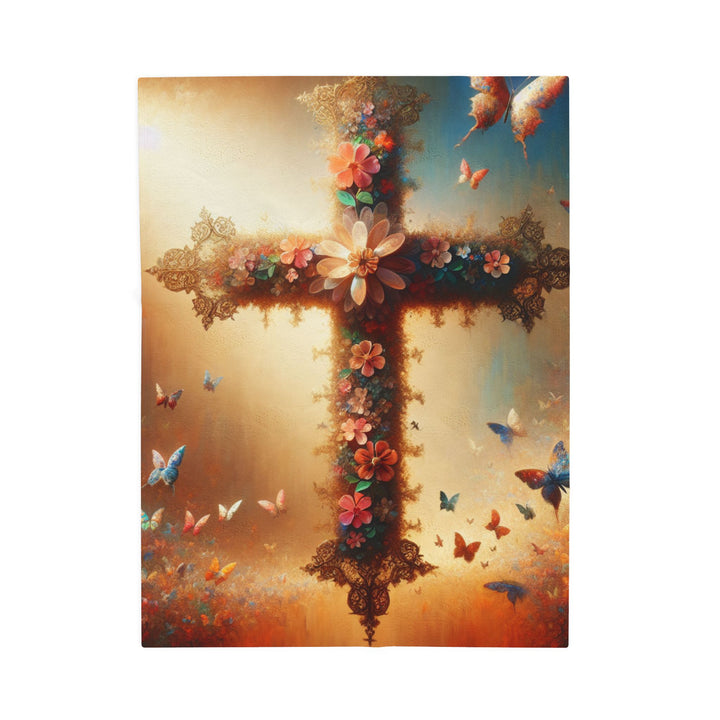 Christian Cross Floral Velveteen Plush Blanket, Cozy Gift for Faith, Home Decor, Baptism, Easter, Religious Comforter