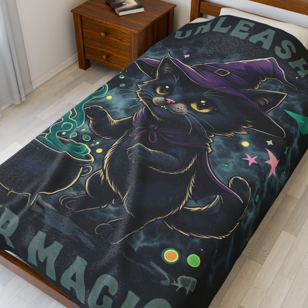 Cozy Halloween Cat Blanket, Unleash Your Magic Throw, Cute Cat Lovers Gift, Enchanting Plush Decor, Perfect for Spooky Season