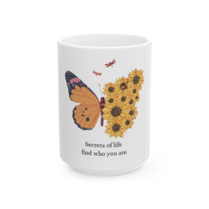 Butterfly & Sunflower Inspirational Ceramic Mug - Secrets of Life Design (11oz, 15oz)