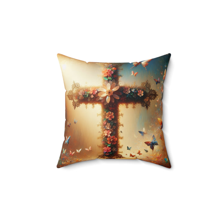 Floral Cross Throw Pillow, Spiritual Home Decor, Christian Gift, Butterfly Pattern Cushion, Nature-Inspired Accent