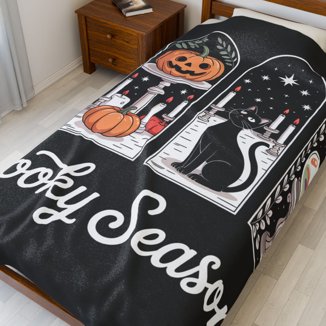 Spooky Season Velveteen Plush Blanket, Cozy Halloween Throw, Soft Plush Blanket, Seasonal Decor, Black Cat Blanket, Ghosts and Pumpkins