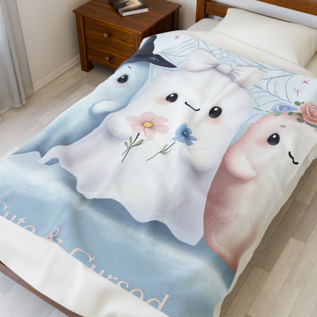 Cute & Cursed Ghost Plush Blanket, Cozy Throw for Fall, Halloween Decor, Spooky Season Gift, Home Comfort