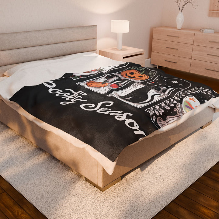 Spooky Season Velveteen Plush Blanket, Cozy Halloween Throw, Soft Plush Blanket, Seasonal Decor, Black Cat Blanket, Ghosts and Pumpkins