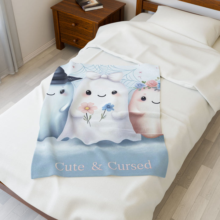 Cute & Cursed Ghost Plush Blanket, Cozy Throw for Fall, Halloween Decor, Spooky Season Gift, Home Comfort